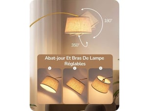 Lampadaire arc reglable or, abat-jour tissu beige, hauteur et tete ajustables, led e27 dimmable, commande a distance et pedal