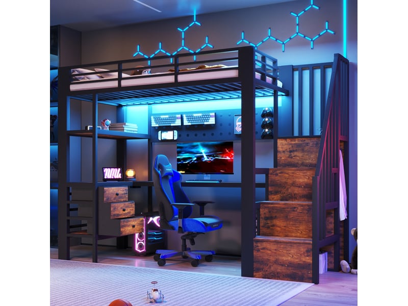  Modenvie lit mezzanine 90x200 cm - avec bureau, rangements et led, sans matelas - noir  - Conforama D