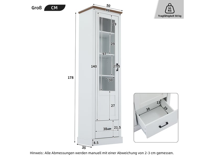  Vitrine haute 50x35x178 cm avec led usb, verre trempé, 5 compartiments, tiroir, finition blanc mat et bois naturel, meuble de rangement salon  - Conforama D