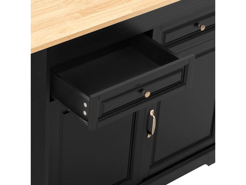 Îlot de cuisine sur roulettes noir avec plan de travail extensible, compartiment poubelle et tiroirs, 112-180 cm - Conforama D