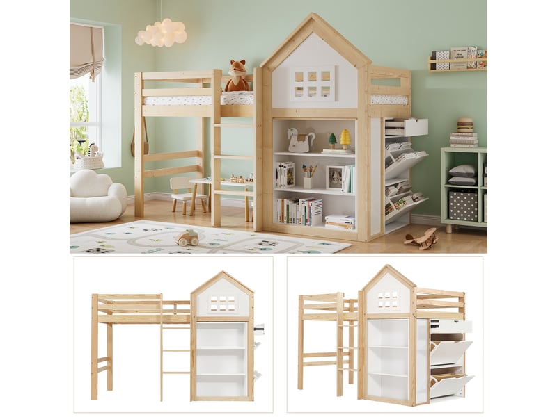  Lit mezzanine blanc et naturel 90×200 cm, pin, mdf, contreplaqué, niches et tiroirs de rangement, marches et garde-corps  - Conforama D