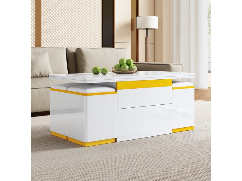  Table basse relevable et extensible 100 x 50 cm avec 4 tabourets, blanc et jaune  - Conforama E