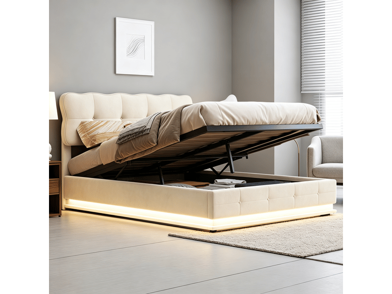  Lit 140x190 cm, rgb led, hydraulique, moderne, cadre de lit double 140x190 cm, velours, beige  - Conforama C