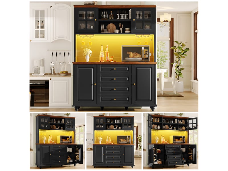 Buffet haut noir meuble de cuisine avec led rgb, 140x40x179.5cm, étagères réglables et porte-verres  - Conforama C