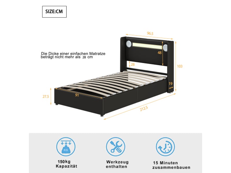  Lit coffre 90x200 cm, lit enfant avec éclairage led, lecteur bluetooth et usb, en cuir pu noir, sans matelas  - Conforama D