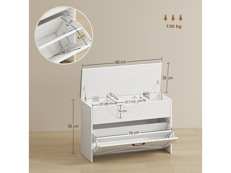  Banc à chaussures avec tiroir pliable et rangement, capacité de 6 paires de chaussures, 80 x 30 x 55 cm, blanc  - Conforama E
