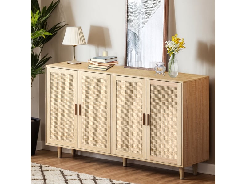 Buffet de rangement en cannage de rotin 158 cm naturel, 4 portes, tablette réglable sur 3 hauteurs, poignées et pieds en bois massif - Conforama D