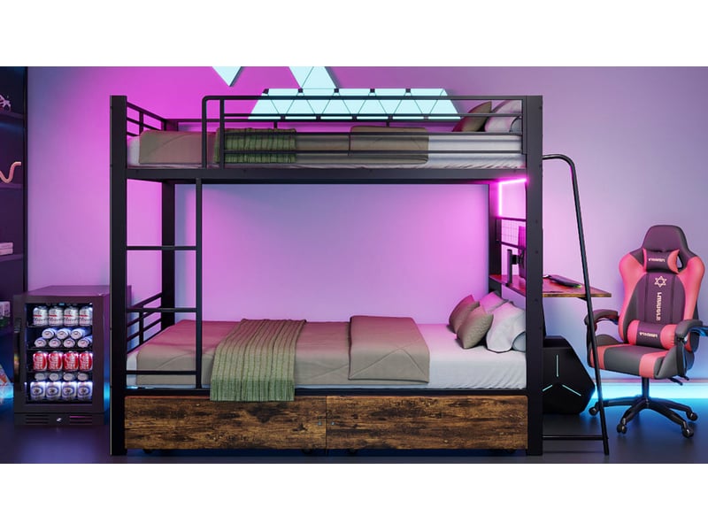  Lit mezzanine 90 × 200 cm 1 place avec bureau, led, tiroirs, sans matelas, en métal et mdf noir  - Conforama C