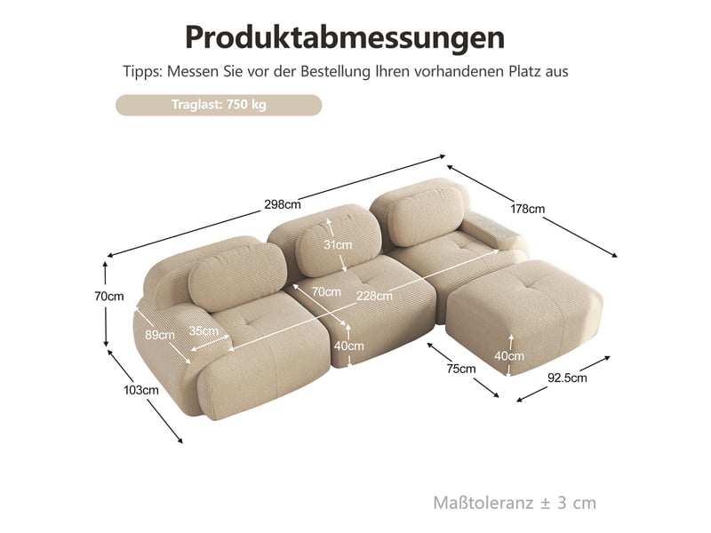  Canapé d'angle modulable en velours côtelé, beige, 298 x 178 x 70 cm Fay Lum - Conforama C
