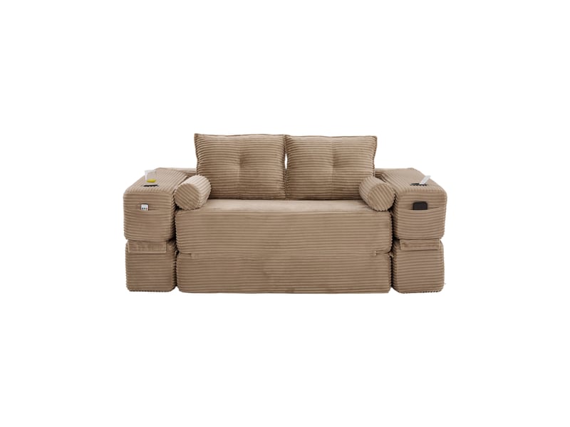Canapé convertible 2 places en velours côtelé kaki avec tiroir de rangement et porte-gobelet - Conforama A