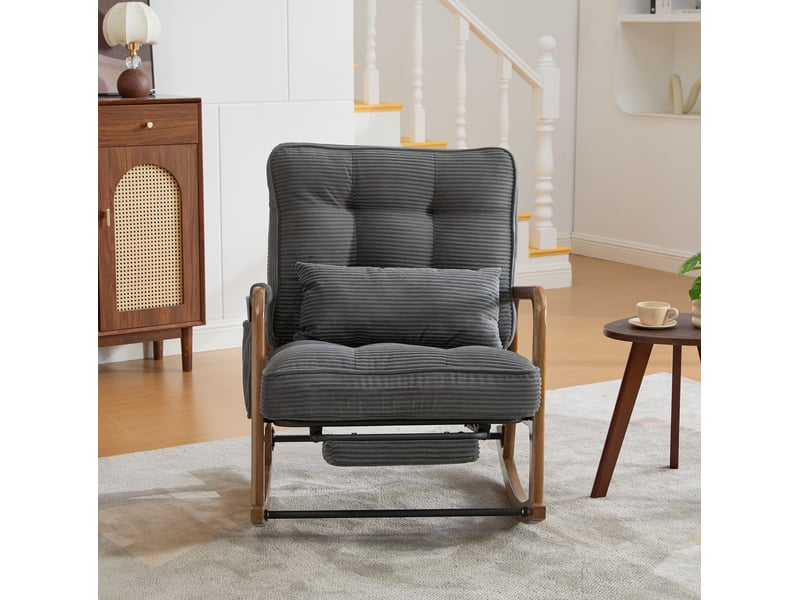 Fauteuil à bascule 70 x 80 x 92 cm gris en velours côtelé, repose-pied intégré et dossier réglable - Conforama B