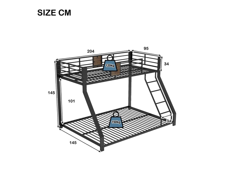  Lit superposé enfant 90x200140x200 cm en métal noir, lit double familial avec échelle modulable gauche droite, protection anti-bruit et sol IKSETERA TRADING LTD - Conforama C
