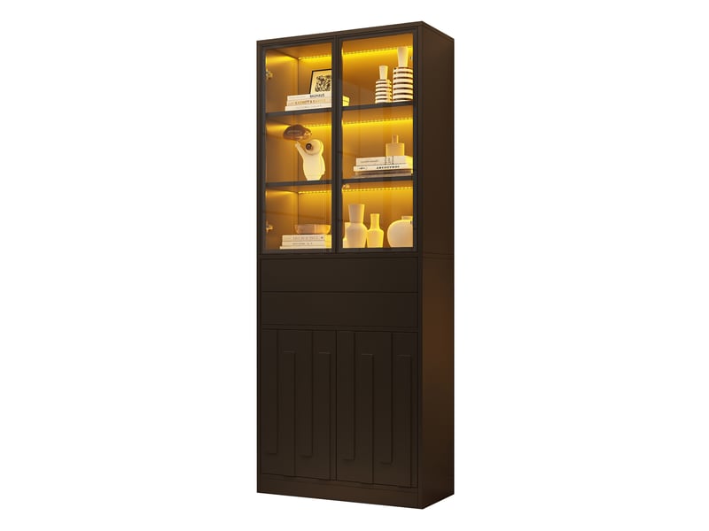  Vitrine haute avec led, portes vitrées et 2 tiroirs, noir, 70x34x180 cm  - Conforama D