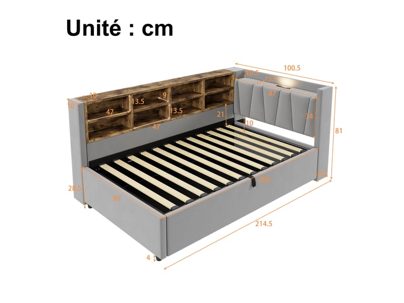  Lit banquette 1 place 200×90 cm en velours avec coffre hydraulique, usb, éclairage et rangements, matelas non précisé  - Conforama D