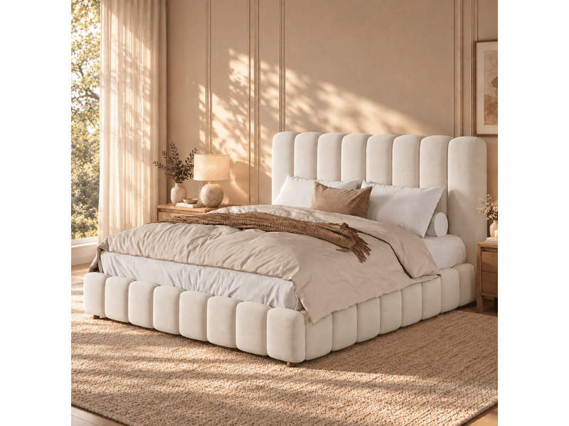  Lit double rembourré 200x200 cm en velours beige, tête de lit capitonnée, avec sommier à lattes inclus  - Conforama E