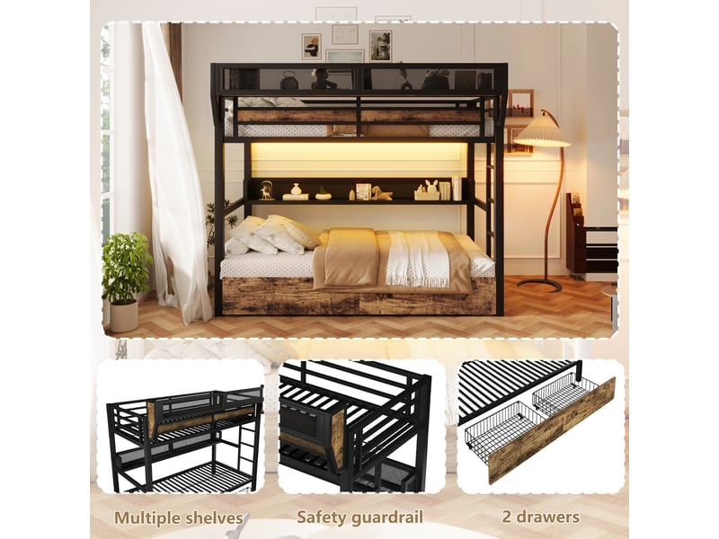  Lit superposé - 90x200 cm - tiroirs de rangement - rangements intégrés - éclairage led - structure métal - matelas non inclus - noir CozyNest - Conforama E