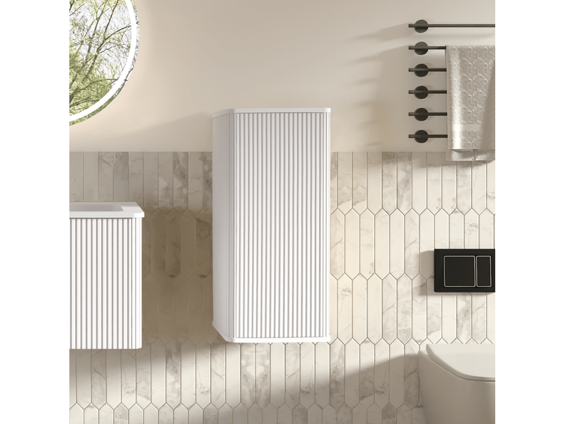  Armoire de salle de bain murale 1 porte avec 2 étagères ouverture par pression design rainuré blanc 36 × 29 × 75 cm  - Conforama E