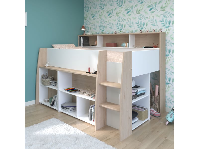  Lit mezzanine enfant 90x200 bois avec bureau escamotable et rangements - terre de nuit  - Conforama B