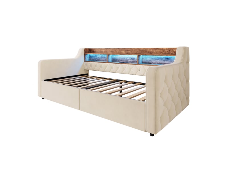 Lit 90 × 190 cm en velours beige, led, usb-c et 2 tiroirs IKSETERA TRADING LTD - Conforama A