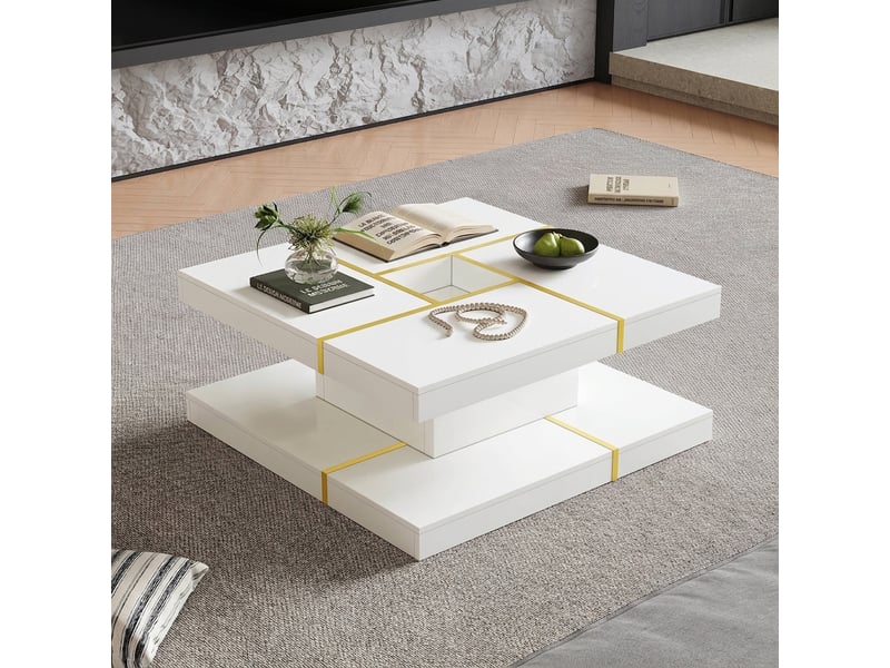  Table basse carrée à deux niveaux avec détails en métal doré, table de salon blanche 80x80x38 cm  - Conforama E