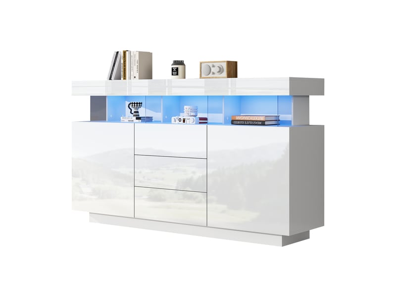 Buffet commode 140x35x80 cm -acrylique brillant avec bande led 16 couleurs -rangement spacieux pour salon-blanc ABC - Conforama A