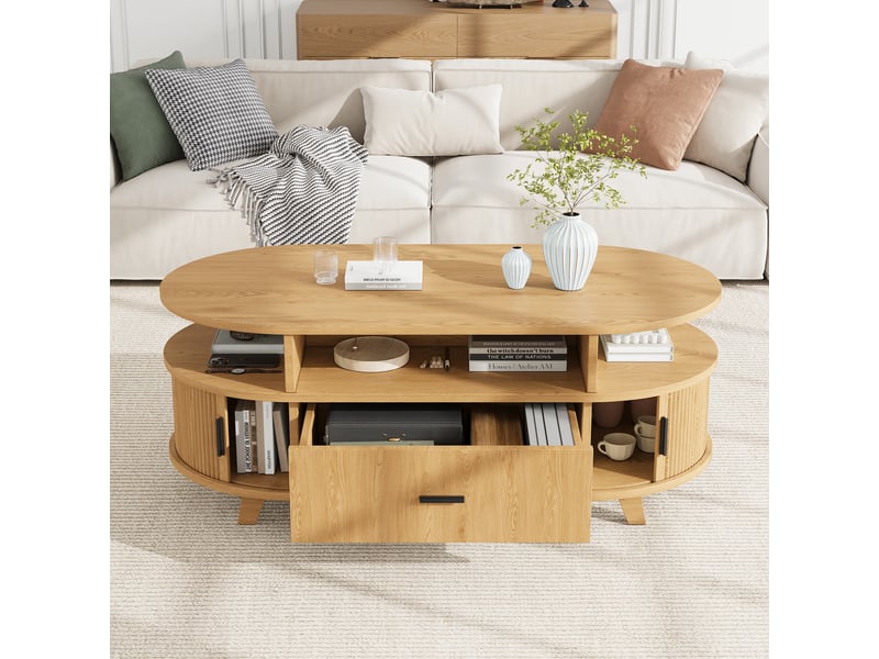  Table basse à bords arrondis 100 cm avec rangements, 1 tiroir, 2 portes à rideau, niches ouvertes, mdf et pieds en bois massif, décor bois clair Luxe haut de gamme - Conforama E