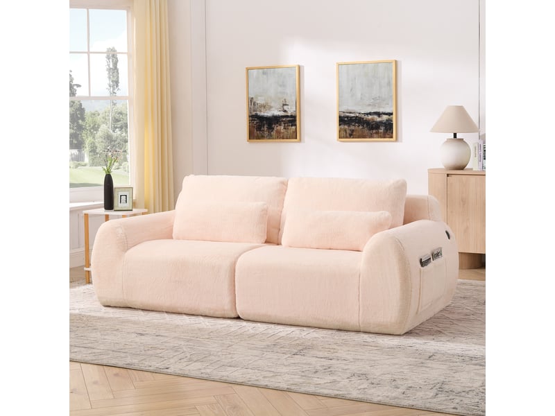  Canapé 2 places en fausse fourrure rose - ports usb, poche latérale, cosy et compact pour salon  - Conforama B