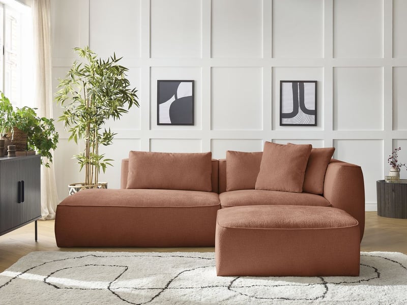  Bobochic canapé droit fixe 3 places leopold tissu texturé avec pouf orange  accoudoir droit LEOPOLD - Conforama D