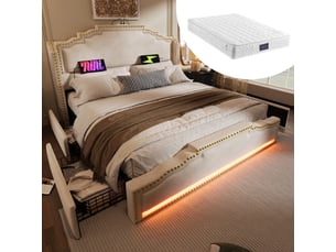 Lit avec rangement 160x200 cm <strong>OKMYHOME</strong>  <strong></strong> coloris beige