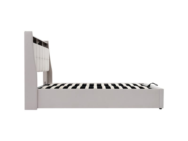  Lit coffre double 140x200 cm avec port usb, led, rangements, sommier à lattes en métal, lin beige, matelas inclus  - Conforama C