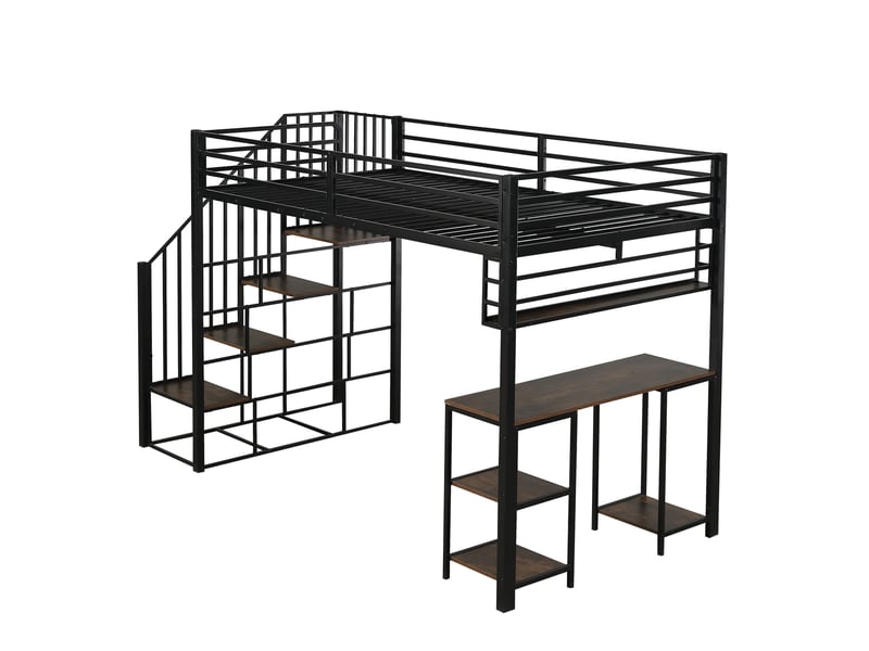 Lit mezzanine 120x200cm, escalier à rampes, bureau, étagères rangement, métal et bois, noir+noyer foncé, sans matelas - Conforama E
