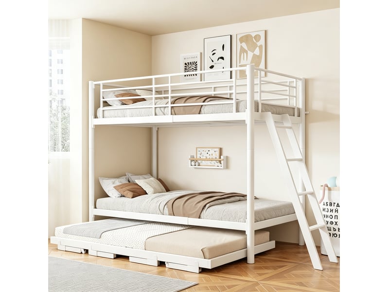  Lit superposé en métal 90x200 cm avec lit gigogne, coloris blanc  - Conforama D