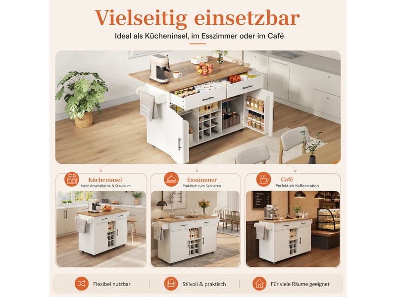  Ilot de cuisine - 120x45x84cm - desserte mobile avec plateau rabattable, rangement multifonction, roulettes 360° - bois et blanc  - Conforama D
