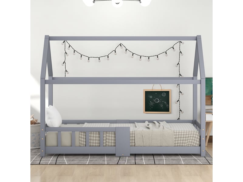 Lit cabane enfant 90x200 cm gris avec tableau, sommier à lattes et barrières - Conforama E
