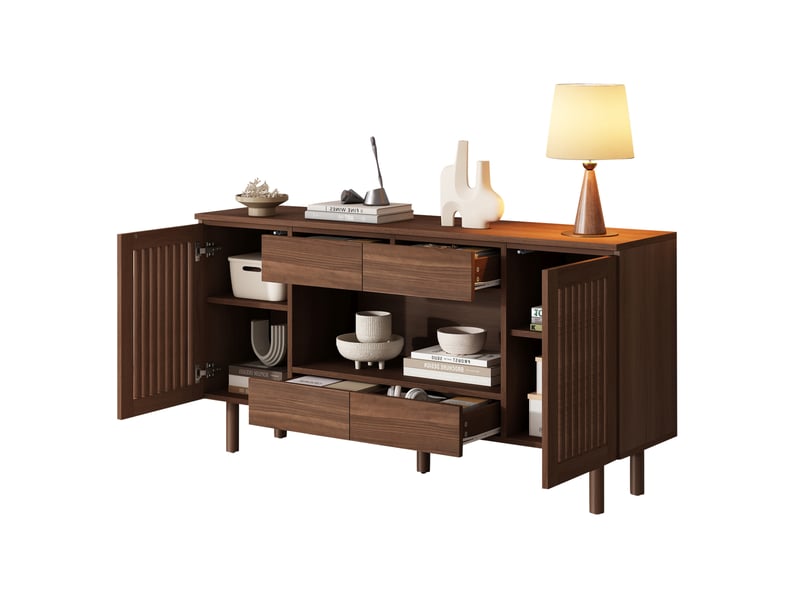 Buffet 140x35x71 cm 4 tiroirs et 2 portes persiennées coloris noyer - Conforama A