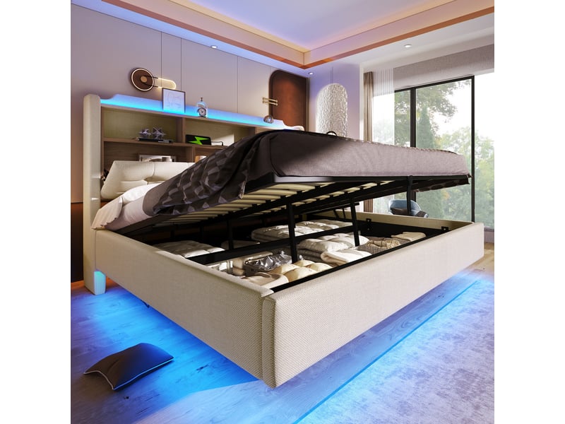  Lit coffre 180x200 cm, lit double, rangement hydraulique, led, lin beige, usb et usb-c  - Conforama E