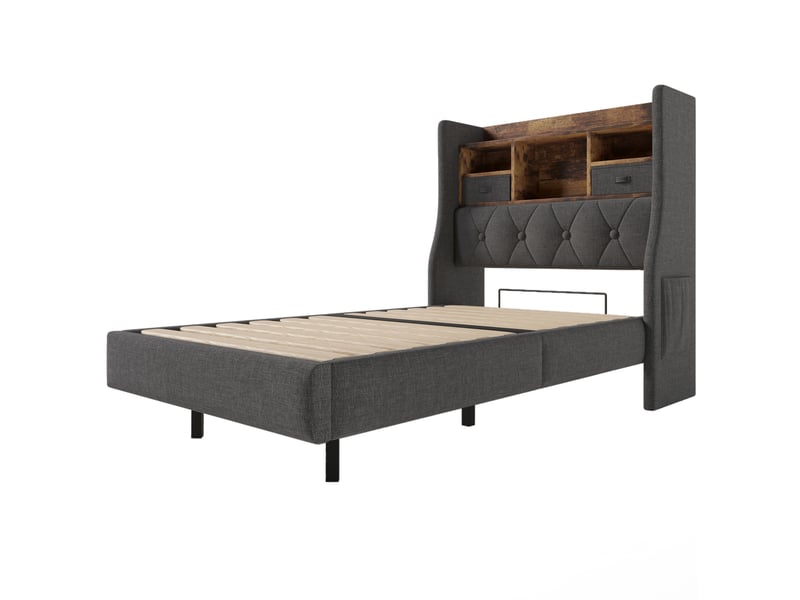  Lit enfant 90x200 cm – gris – led, tête de lit de rangement, chargeur usb-c et matelas 7 zones inclus  - Conforama D