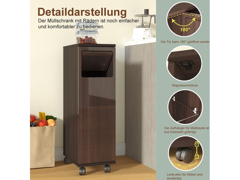 Meuble poubelle roulant 24,2 x 35,1 x 80,2 cm marron mdf, porte 180 degrés et roulettes verrouillables - Conforama D