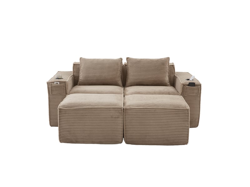  Canapé 2 places avec 2 poufs en velours côtelé kaki 188x162x75 cm  - Conforama E