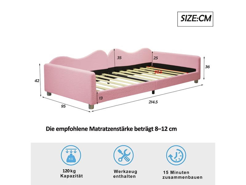 Lit banquette enfant 200×90 cm avec dossier et accoudoirs, sommier à 12 lattes, sans matelas, en tissu bouclette rose  - Conforama D
