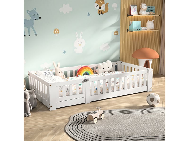 Lit 90x190cm - lit enfant 90x190cm - lit cabane au sol avec barrières de sécurité et sommier à lattes - blanc  - Conforama D