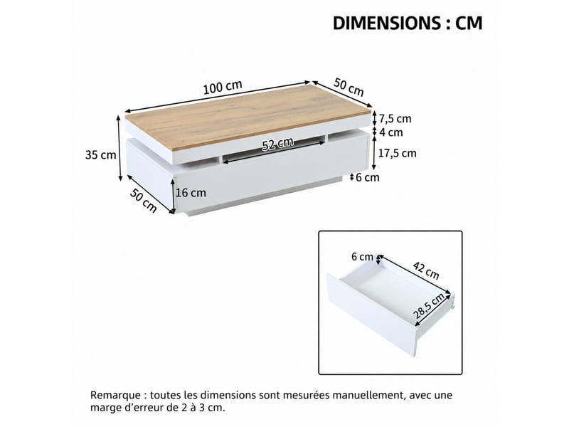 Table basse led blanc et bois avec 2 tiroirs, finition brillante, éclairage d’ambiance, 100x50x35 cm - Conforama C
