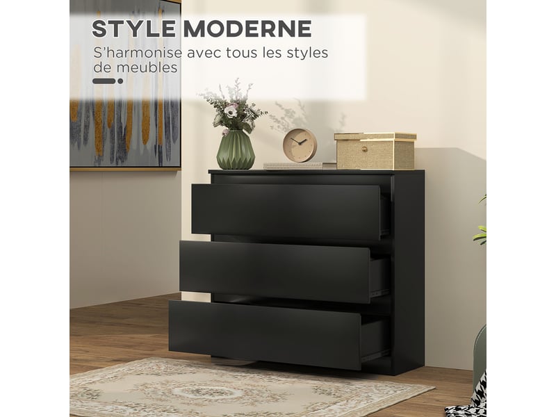  Commode 3 tiroirs sans poignées en mdf noir 80 x 39 x 73 cm  - Conforama D