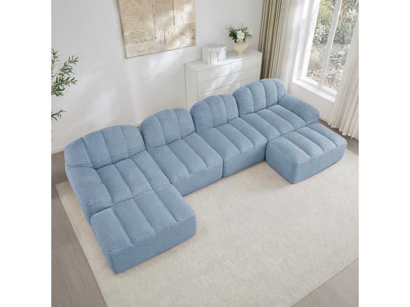 Canapé panoramique coquille 4 places, 2 poufs bleu – 366 x 165 x 79 cm Fay Lum - Conforama D