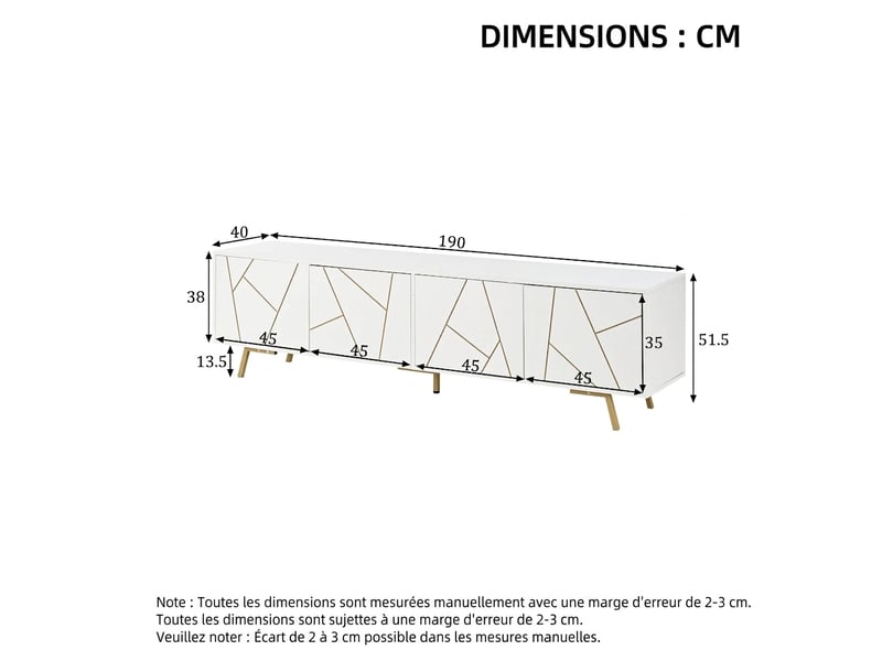  Meuble tv 190 cm pour téléviseur 85 pouces, meuble tv blanc et or avec 4 portes et étagères  - Conforama C
