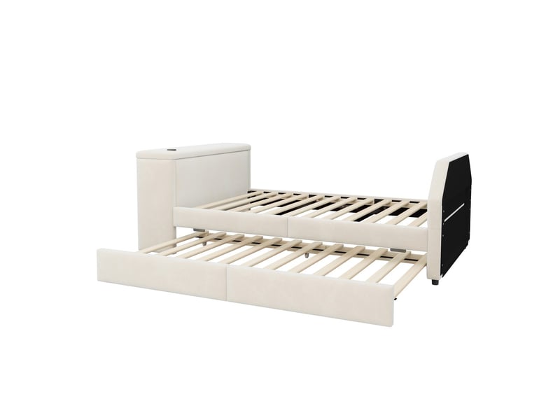 Lit jeune, coloris beige, matière velours, couchage 90x200 cm, dimensions : 236 x 98.5 x 75.5 cm - Conforama A