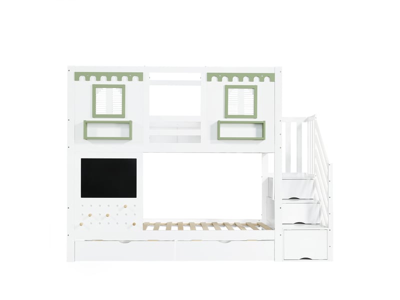 Lit superposé pour enfant, avec petit panneau perforé et 5 crochets en bois inclus, deux tiroirs et un meuble de rangement avec escalier intégré, pin, mdf et contreplaqué, blanc et vert, 90 x 200 cm - Conforama D