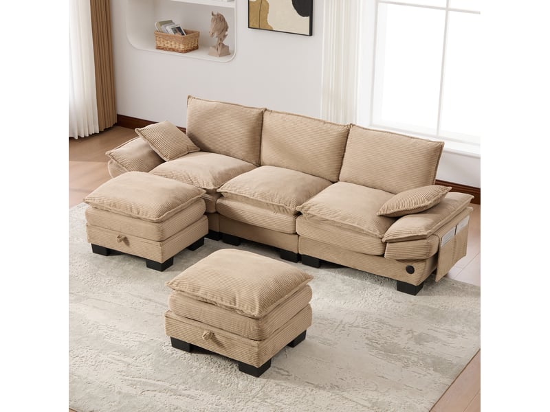 Canapé modulable 3 places en velours côtelé kaki avec 2 poufs et port usb-c - Conforama D