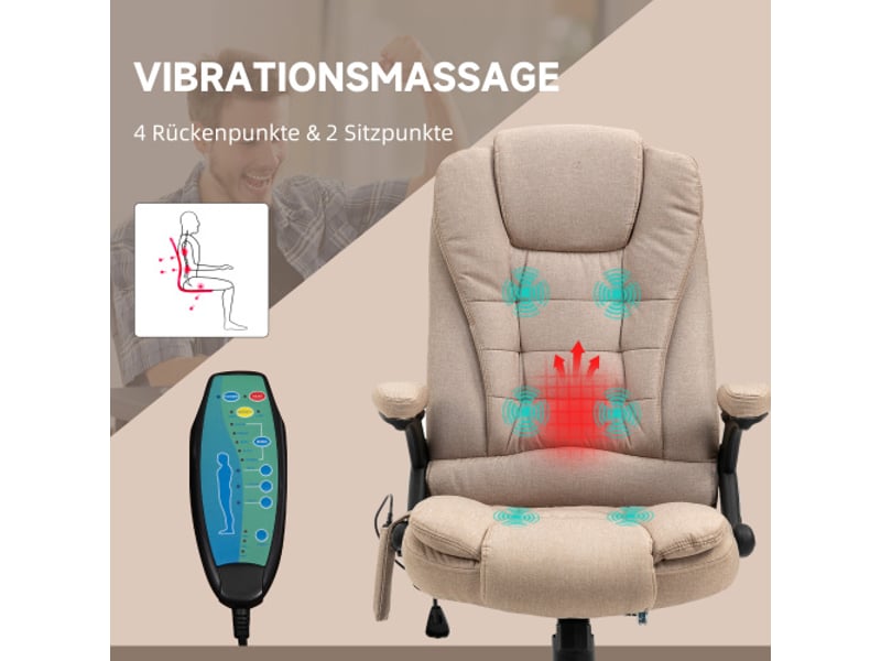  Chaise de bureau ergonomique marron, massage, chauffage, inclinable, réglable, effet lin, télécommande  - Conforama B