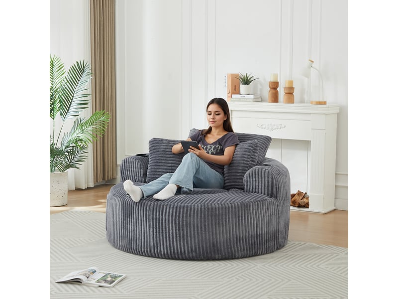  Fauteuil lounge rond en velours côtelé avec 3 coussins, 2 porte-gobelets et poche latérale  - Conforama B